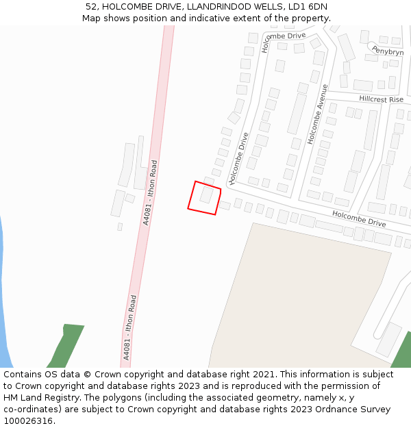 52, HOLCOMBE DRIVE, LLANDRINDOD WELLS, LD1 6DN: Location map and indicative extent of plot