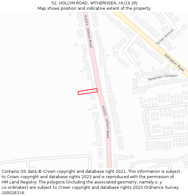 52, HOLLYM ROAD, WITHERNSEA, HU19 2PJ: Location map and indicative extent of plot