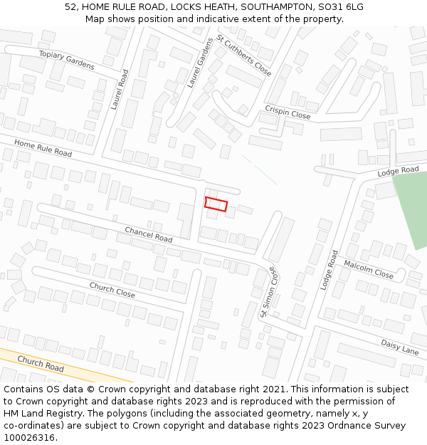 52, HOME RULE ROAD, LOCKS HEATH, SOUTHAMPTON, SO31 6LG: Location map and indicative extent of plot