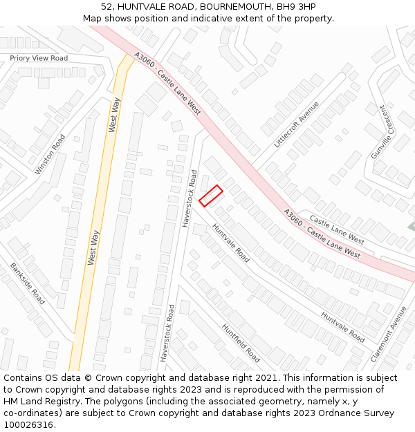 52, HUNTVALE ROAD, BOURNEMOUTH, BH9 3HP: Location map and indicative extent of plot