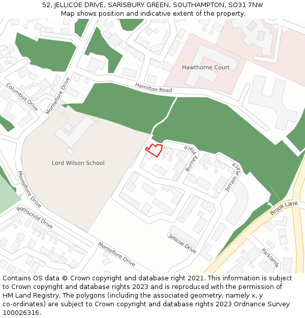 52, JELLICOE DRIVE, SARISBURY GREEN, SOUTHAMPTON, SO31 7NW: Location map and indicative extent of plot