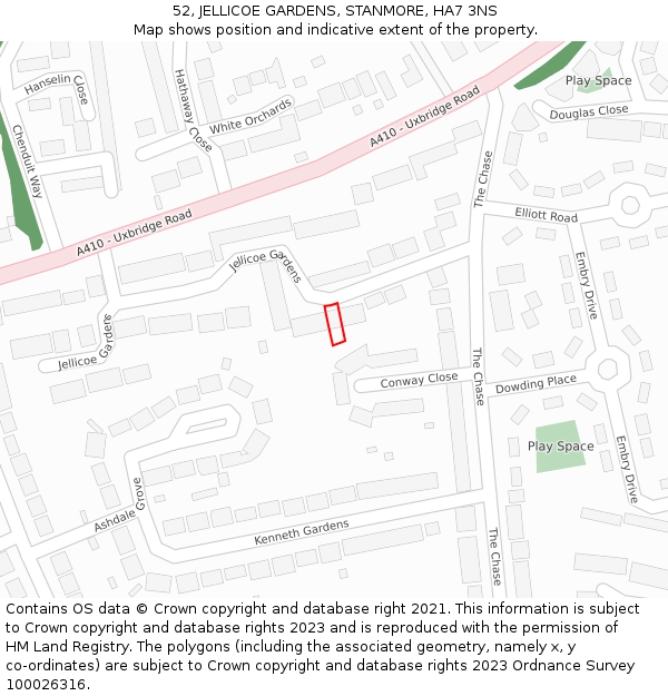 52, JELLICOE GARDENS, STANMORE, HA7 3NS: Location map and indicative extent of plot