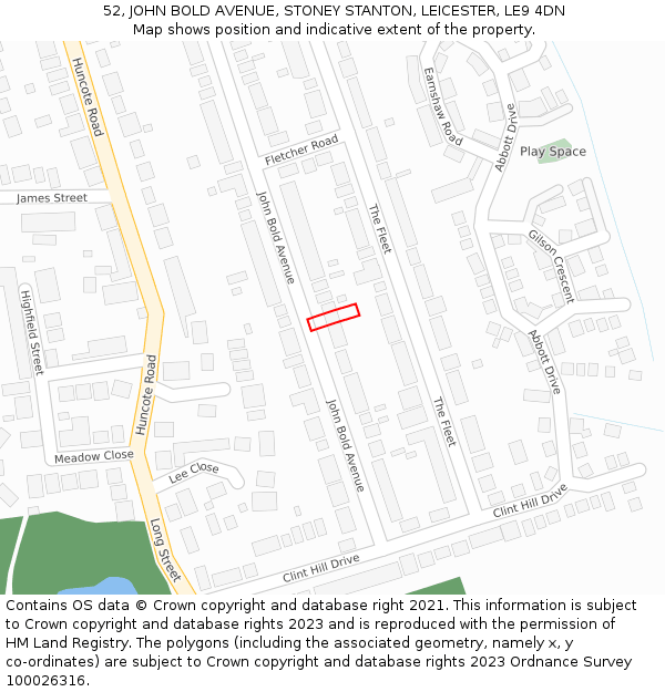 52, JOHN BOLD AVENUE, STONEY STANTON, LEICESTER, LE9 4DN: Location map and indicative extent of plot