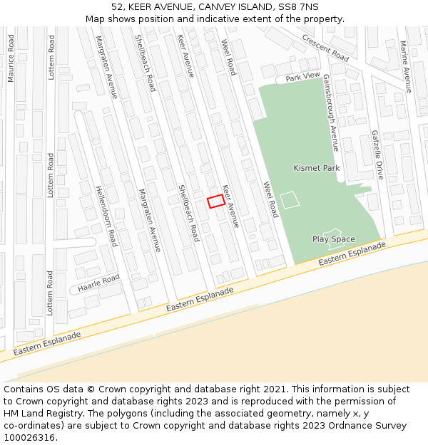 52, KEER AVENUE, CANVEY ISLAND, SS8 7NS: Location map and indicative extent of plot