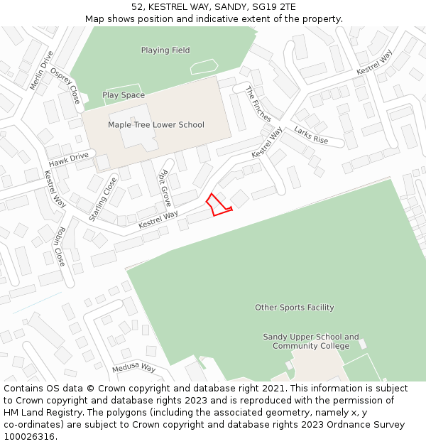 52, KESTREL WAY, SANDY, SG19 2TE: Location map and indicative extent of plot