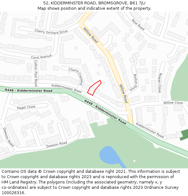 52, KIDDERMINSTER ROAD, BROMSGROVE, B61 7JU: Location map and indicative extent of plot