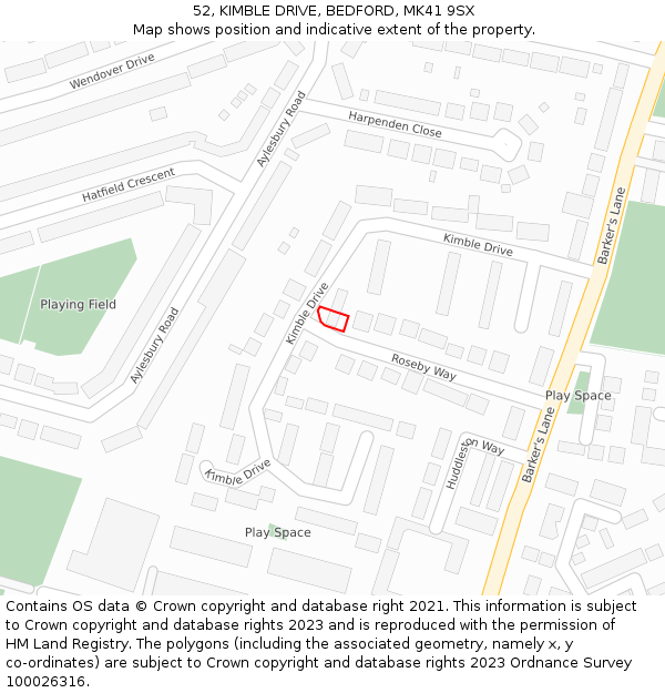 52, KIMBLE DRIVE, BEDFORD, MK41 9SX: Location map and indicative extent of plot