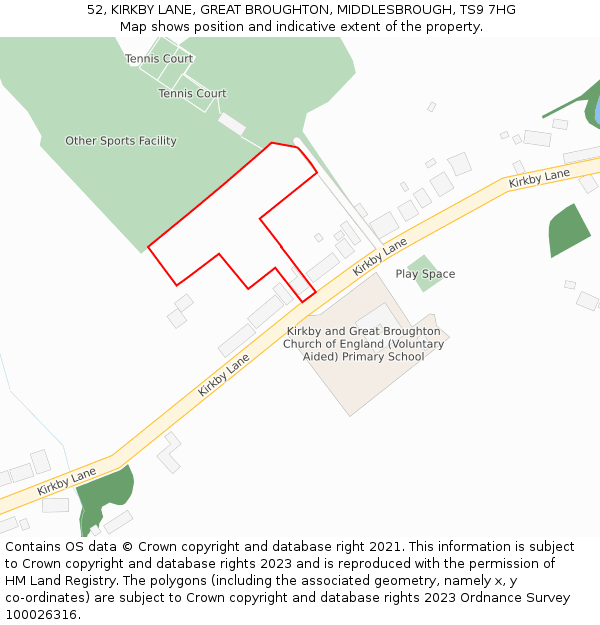 52, KIRKBY LANE, GREAT BROUGHTON, MIDDLESBROUGH, TS9 7HG: Location map and indicative extent of plot