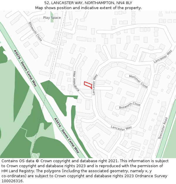52, LANCASTER WAY, NORTHAMPTON, NN4 8LY: Location map and indicative extent of plot