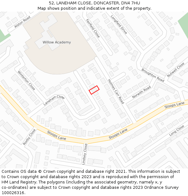 52, LANEHAM CLOSE, DONCASTER, DN4 7HU: Location map and indicative extent of plot