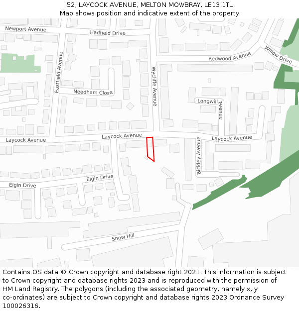 52, LAYCOCK AVENUE, MELTON MOWBRAY, LE13 1TL: Location map and indicative extent of plot