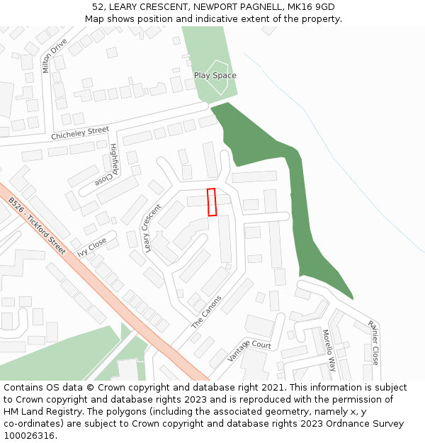 52, LEARY CRESCENT, NEWPORT PAGNELL, MK16 9GD: Location map and indicative extent of plot