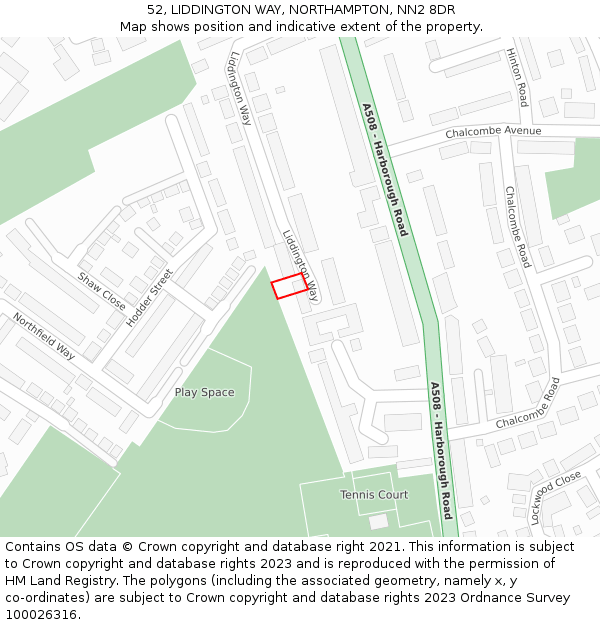 52, LIDDINGTON WAY, NORTHAMPTON, NN2 8DR: Location map and indicative extent of plot