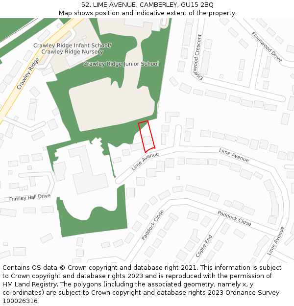 52, LIME AVENUE, CAMBERLEY, GU15 2BQ: Location map and indicative extent of plot