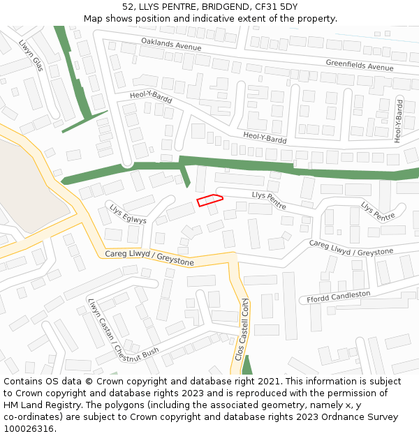 52, LLYS PENTRE, BRIDGEND, CF31 5DY: Location map and indicative extent of plot