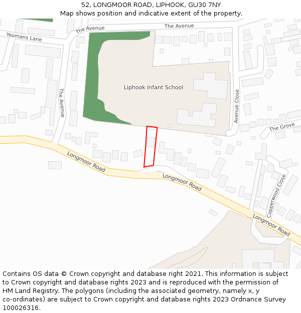 52, LONGMOOR ROAD, LIPHOOK, GU30 7NY: Location map and indicative extent of plot