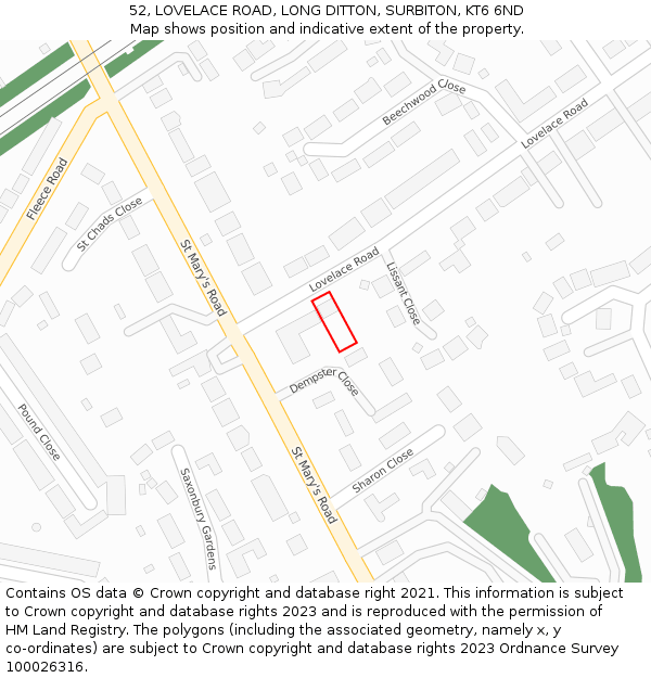 52, LOVELACE ROAD, LONG DITTON, SURBITON, KT6 6ND: Location map and indicative extent of plot