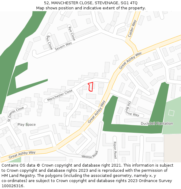 52, MANCHESTER CLOSE, STEVENAGE, SG1 4TQ: Location map and indicative extent of plot