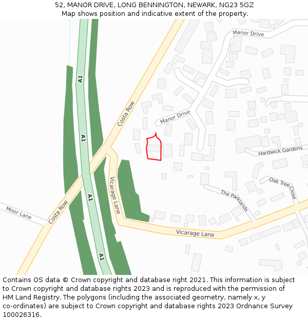 52, MANOR DRIVE, LONG BENNINGTON, NEWARK, NG23 5GZ: Location map and indicative extent of plot