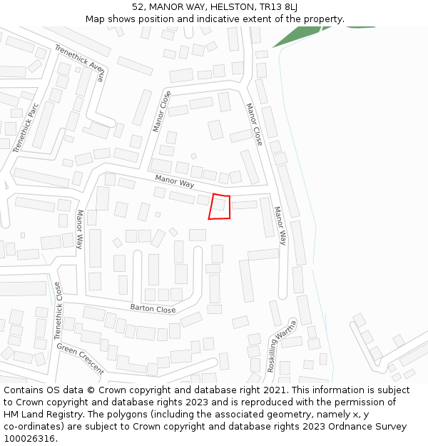 52, MANOR WAY, HELSTON, TR13 8LJ: Location map and indicative extent of plot