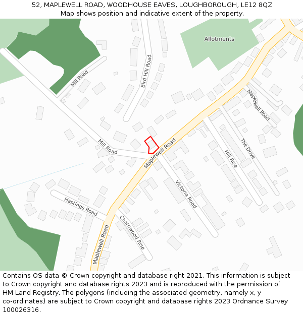 52, MAPLEWELL ROAD, WOODHOUSE EAVES, LOUGHBOROUGH, LE12 8QZ: Location map and indicative extent of plot