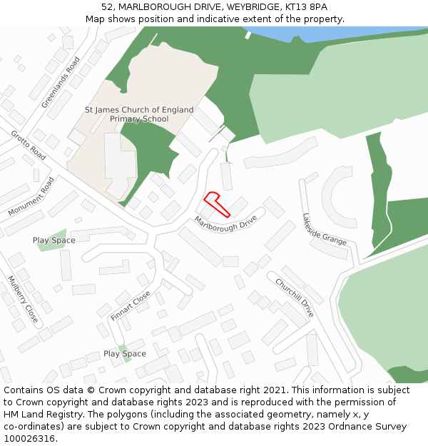 52, MARLBOROUGH DRIVE, WEYBRIDGE, KT13 8PA: Location map and indicative extent of plot