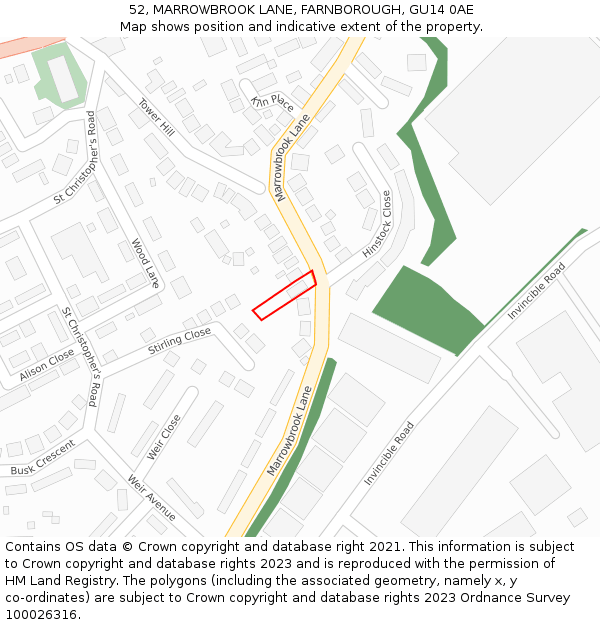 52, MARROWBROOK LANE, FARNBOROUGH, GU14 0AE: Location map and indicative extent of plot