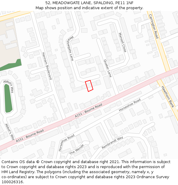 52, MEADOWGATE LANE, SPALDING, PE11 1NF: Location map and indicative extent of plot