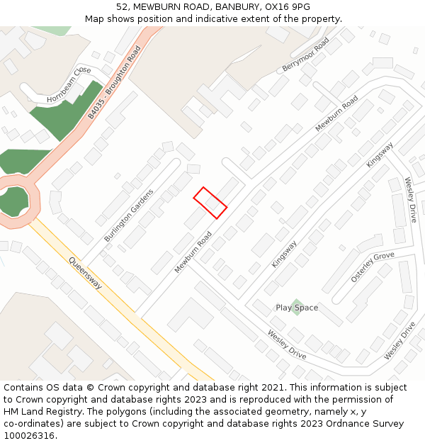 52, MEWBURN ROAD, BANBURY, OX16 9PG: Location map and indicative extent of plot