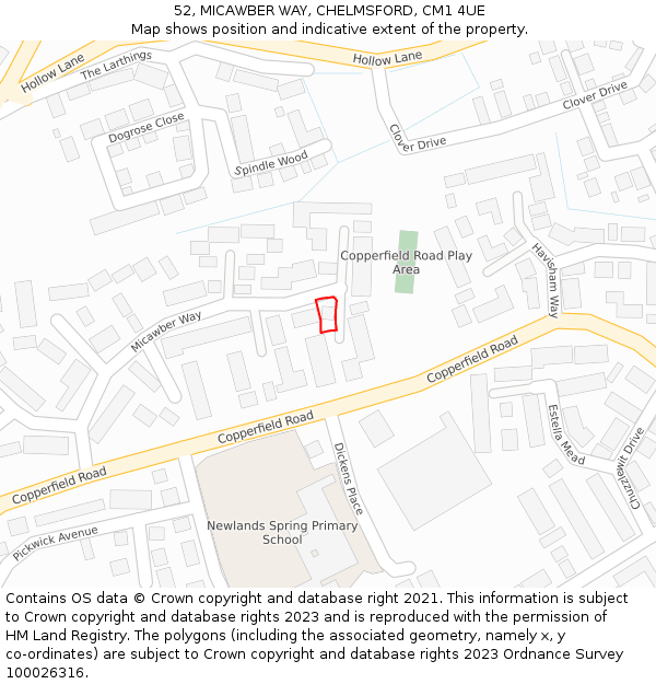 52, MICAWBER WAY, CHELMSFORD, CM1 4UE: Location map and indicative extent of plot