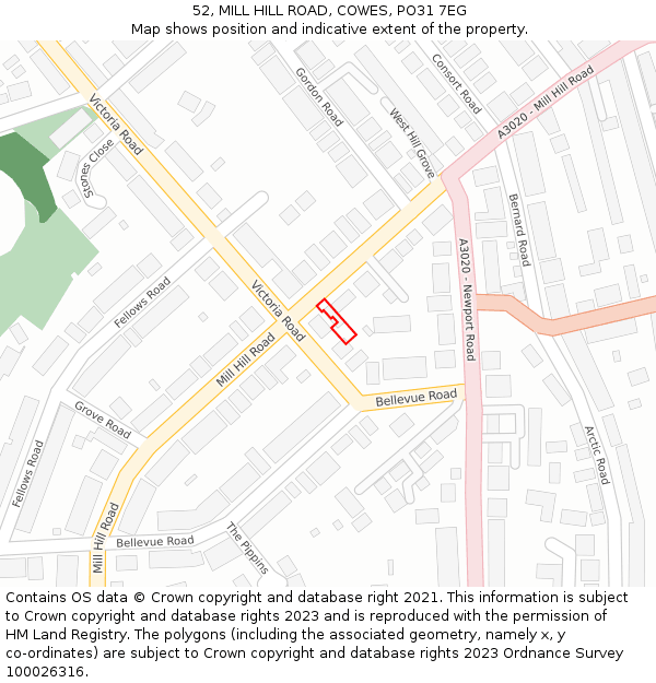 52, MILL HILL ROAD, COWES, PO31 7EG: Location map and indicative extent of plot