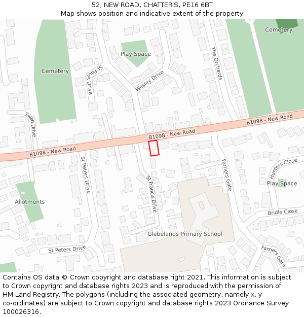 52, NEW ROAD, CHATTERIS, PE16 6BT: Location map and indicative extent of plot