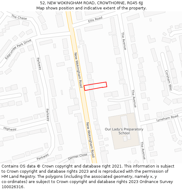 52, NEW WOKINGHAM ROAD, CROWTHORNE, RG45 6JJ: Location map and indicative extent of plot