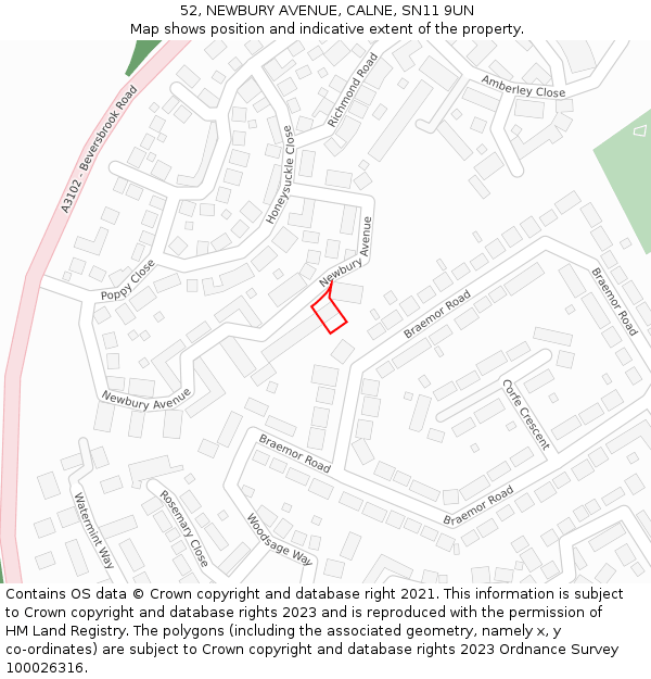 52, NEWBURY AVENUE, CALNE, SN11 9UN: Location map and indicative extent of plot