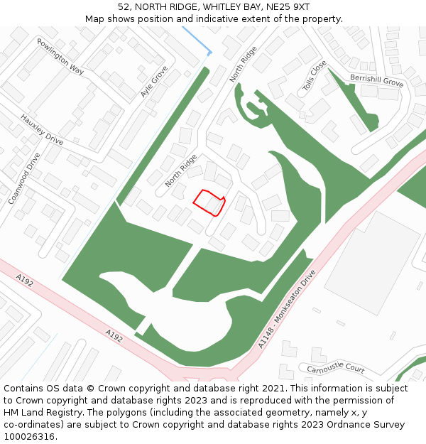 52, NORTH RIDGE, WHITLEY BAY, NE25 9XT: Location map and indicative extent of plot