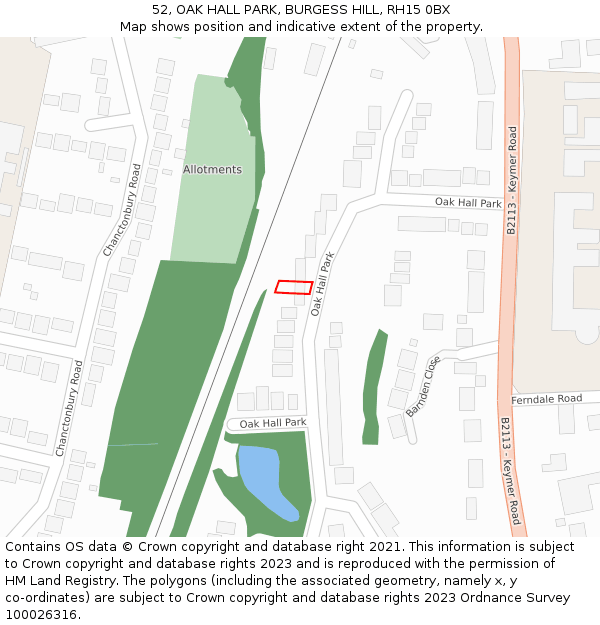 52, OAK HALL PARK, BURGESS HILL, RH15 0BX: Location map and indicative extent of plot