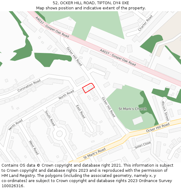 52, OCKER HILL ROAD, TIPTON, DY4 0XE: Location map and indicative extent of plot