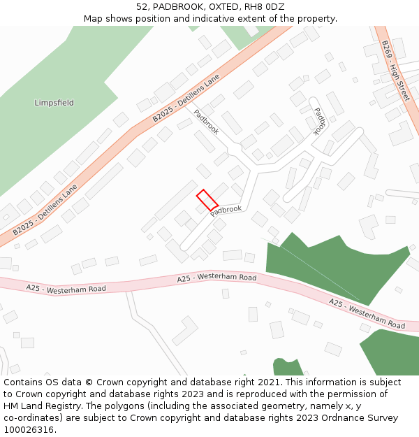 52, PADBROOK, OXTED, RH8 0DZ: Location map and indicative extent of plot