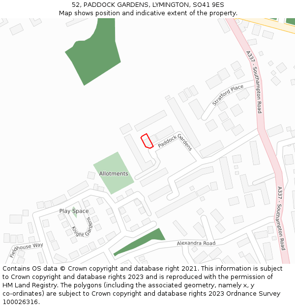 52, PADDOCK GARDENS, LYMINGTON, SO41 9ES: Location map and indicative extent of plot