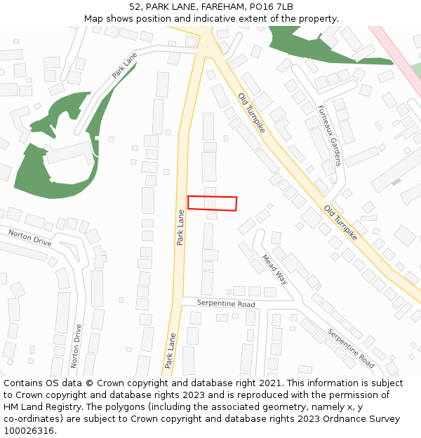 52, PARK LANE, FAREHAM, PO16 7LB: Location map and indicative extent of plot