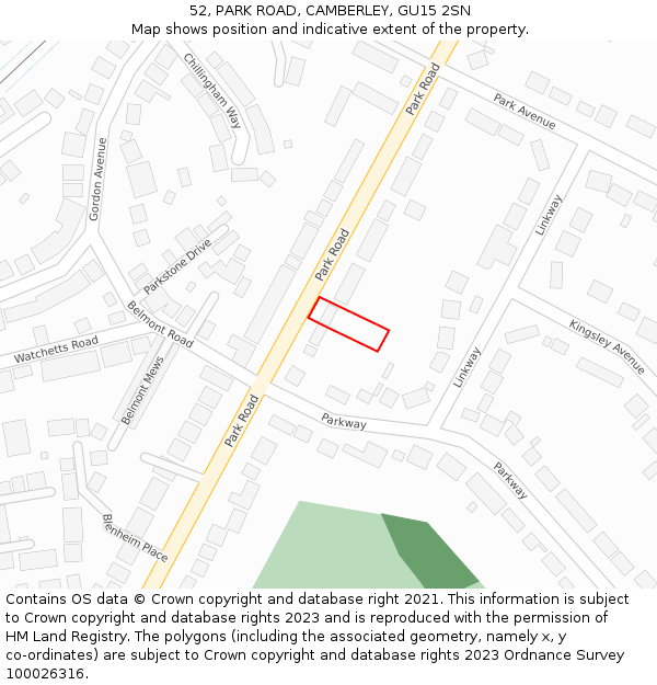 52, PARK ROAD, CAMBERLEY, GU15 2SN: Location map and indicative extent of plot