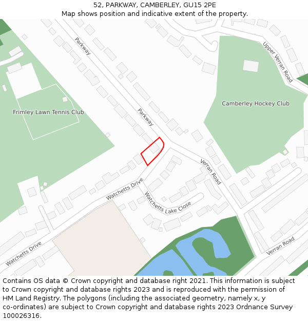 52, PARKWAY, CAMBERLEY, GU15 2PE: Location map and indicative extent of plot