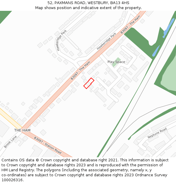 52, PAXMANS ROAD, WESTBURY, BA13 4HS: Location map and indicative extent of plot