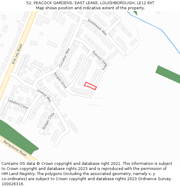52, PEACOCK GARDENS, EAST LEAKE, LOUGHBOROUGH, LE12 6XT: Location map and indicative extent of plot