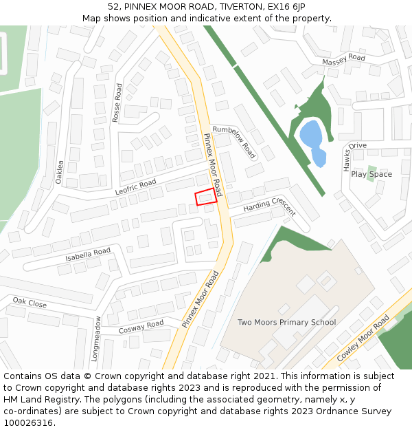 52, PINNEX MOOR ROAD, TIVERTON, EX16 6JP: Location map and indicative extent of plot