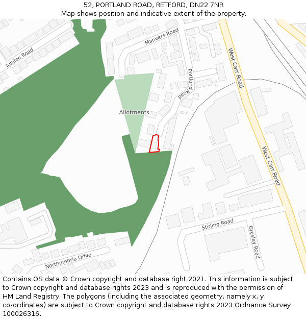 52, PORTLAND ROAD, RETFORD, DN22 7NR: Location map and indicative extent of plot