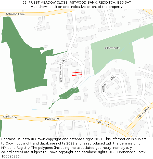 52, PRIEST MEADOW CLOSE, ASTWOOD BANK, REDDITCH, B96 6HT: Location map and indicative extent of plot