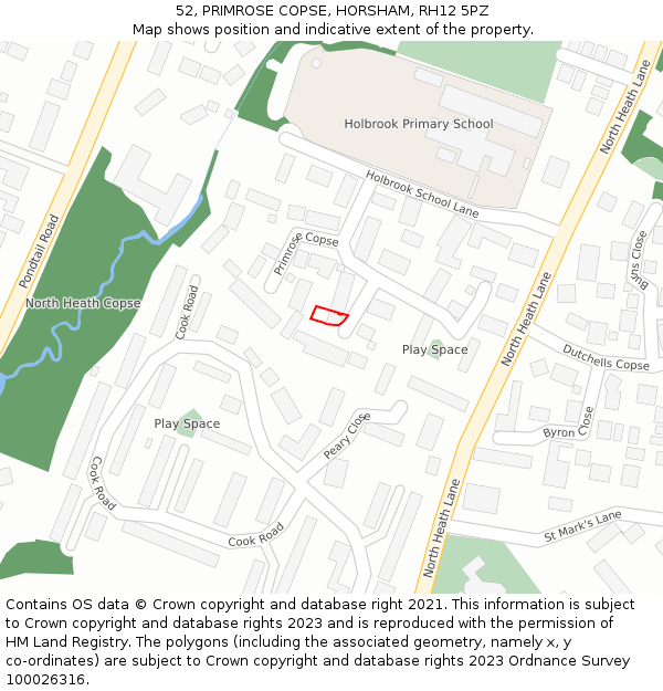 52, PRIMROSE COPSE, HORSHAM, RH12 5PZ: Location map and indicative extent of plot