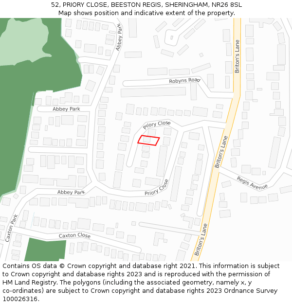 52, PRIORY CLOSE, BEESTON REGIS, SHERINGHAM, NR26 8SL: Location map and indicative extent of plot