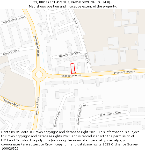 52, PROSPECT AVENUE, FARNBOROUGH, GU14 8JU: Location map and indicative extent of plot